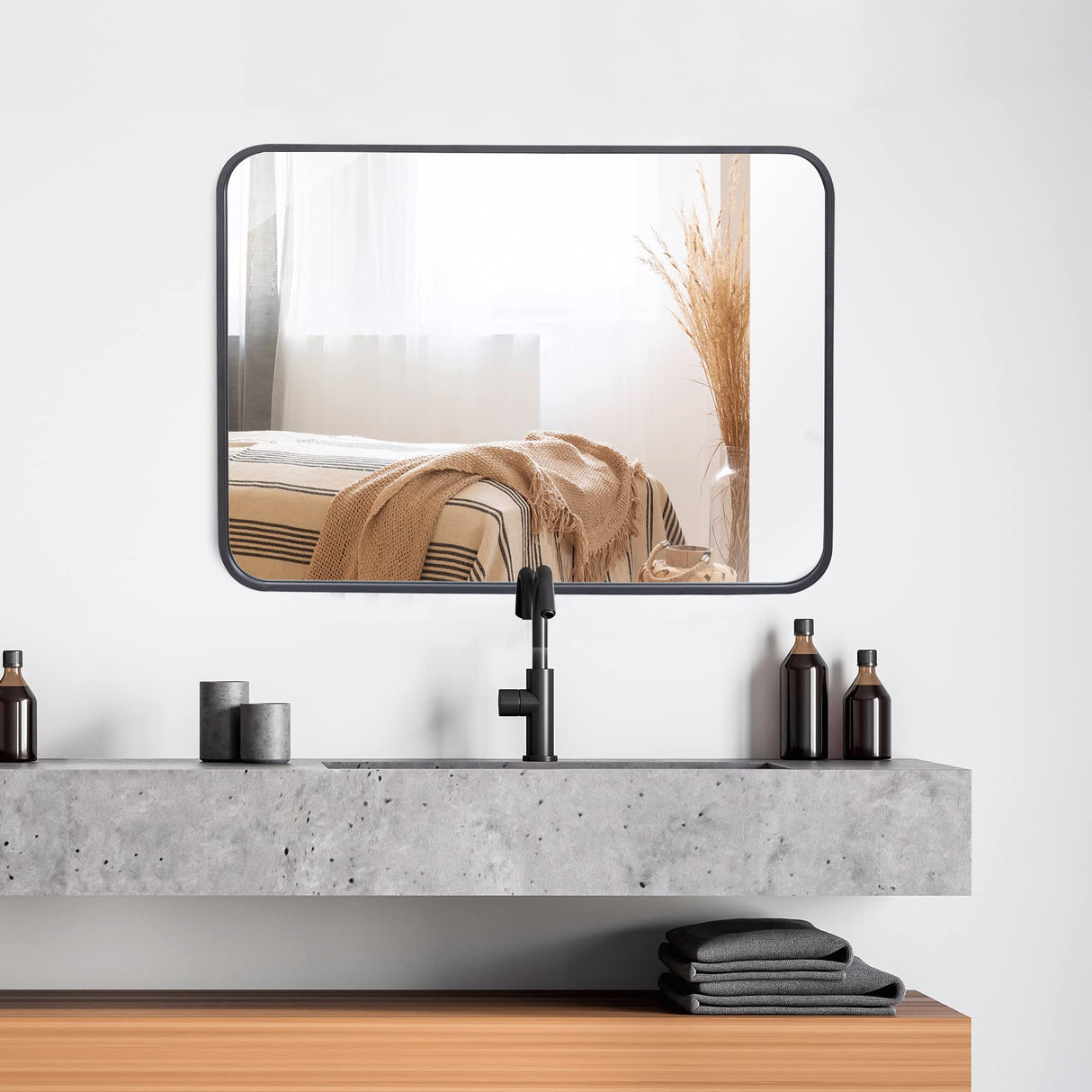 Black Wall Mirror for Bathroom, Wall Mounted Rectangular Entryways Decor