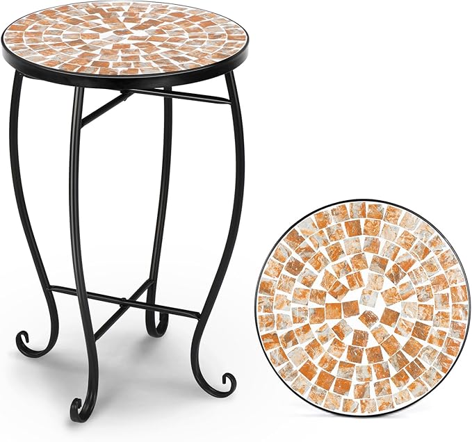 Mosaic Outdoor Side Table, 14" Round End Table, Accent Table, Plant Stand Ideal