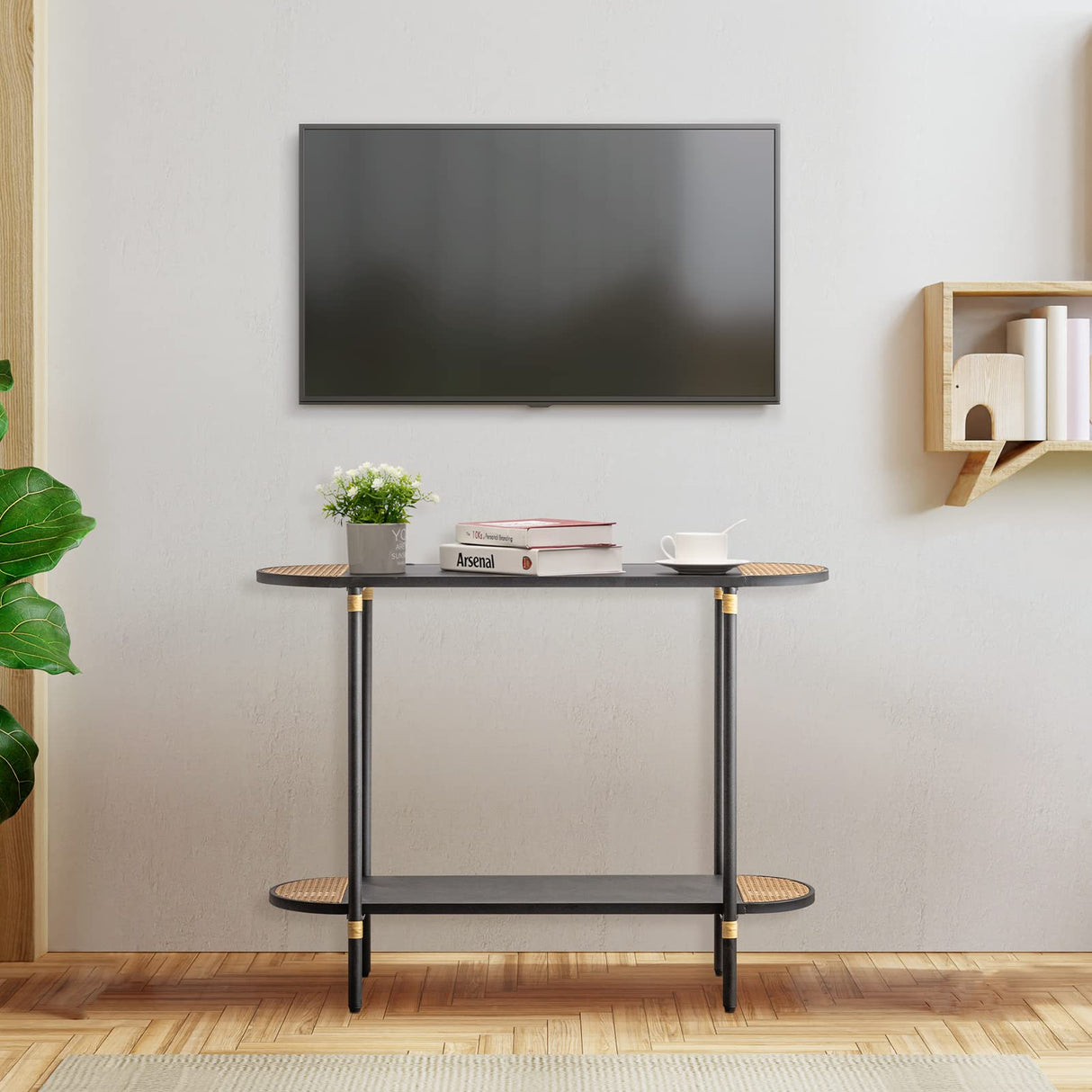 Black Metal Console Table with Rattan Decor, 2-Tier Entryway Table