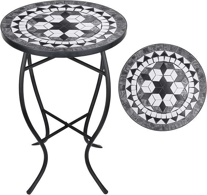 Mosaic Outdoor Side Table, 14" Round Folding Plant Stand for Patio Garden Backyard