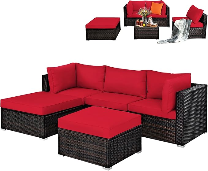 5-Piece Outdoor Patio Rattan Sectional Sofa Set with Ottoman and Table - Turquoise