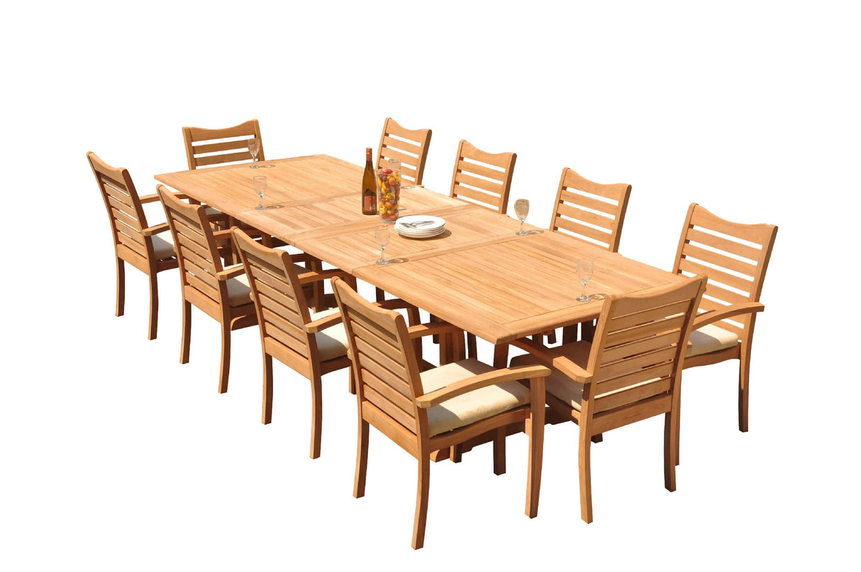 10 Seats 11 Pcs Grade-A Teak Wood Dining Set: 118" Double Extension Mas Rectangle Trestle Leg Table