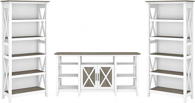 Key West Tall TV Stand with Set of 2 Bookcases, Farmhouse Entertainment Center