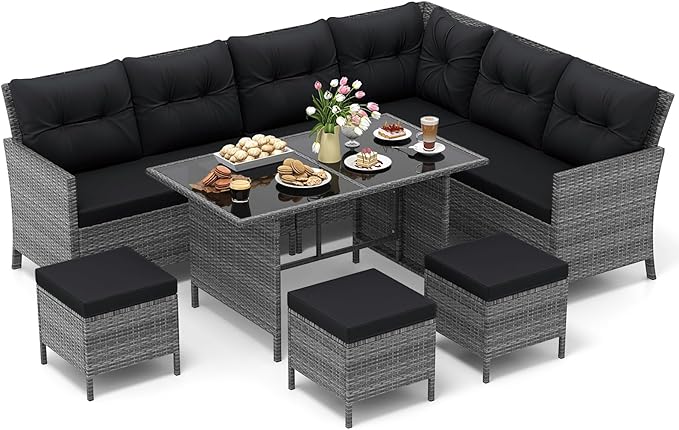 7 Pieces Patio Dining Furniture Set, Outdoor PE Rattan Sectional Sofa Set