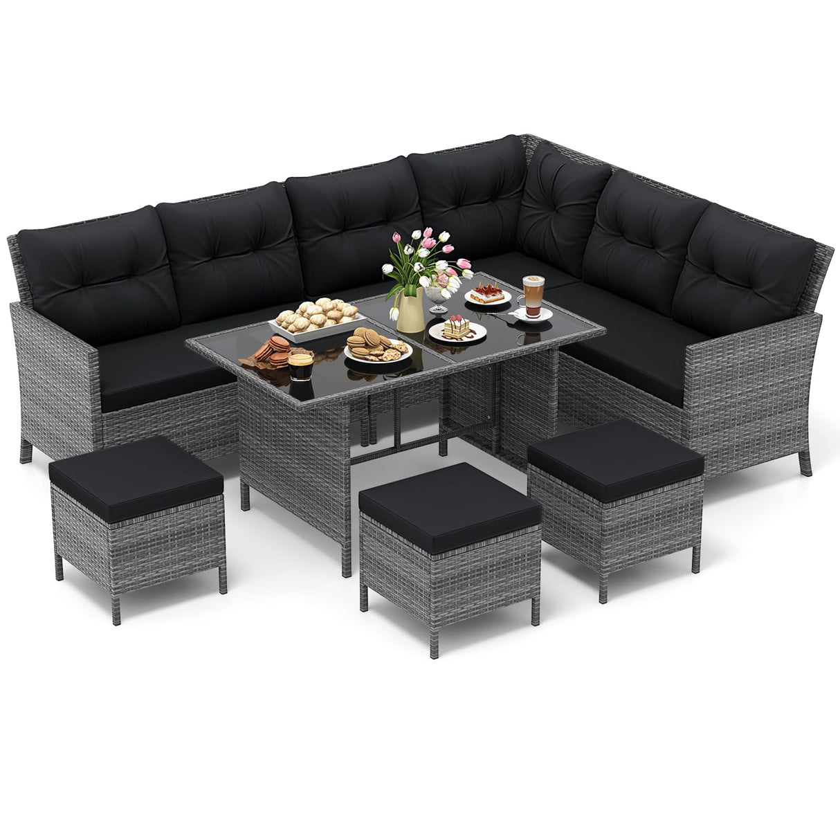 7 Pieces Patio Dining Furniture Set, Outdoor PE Rattan Sectional Sofa Set