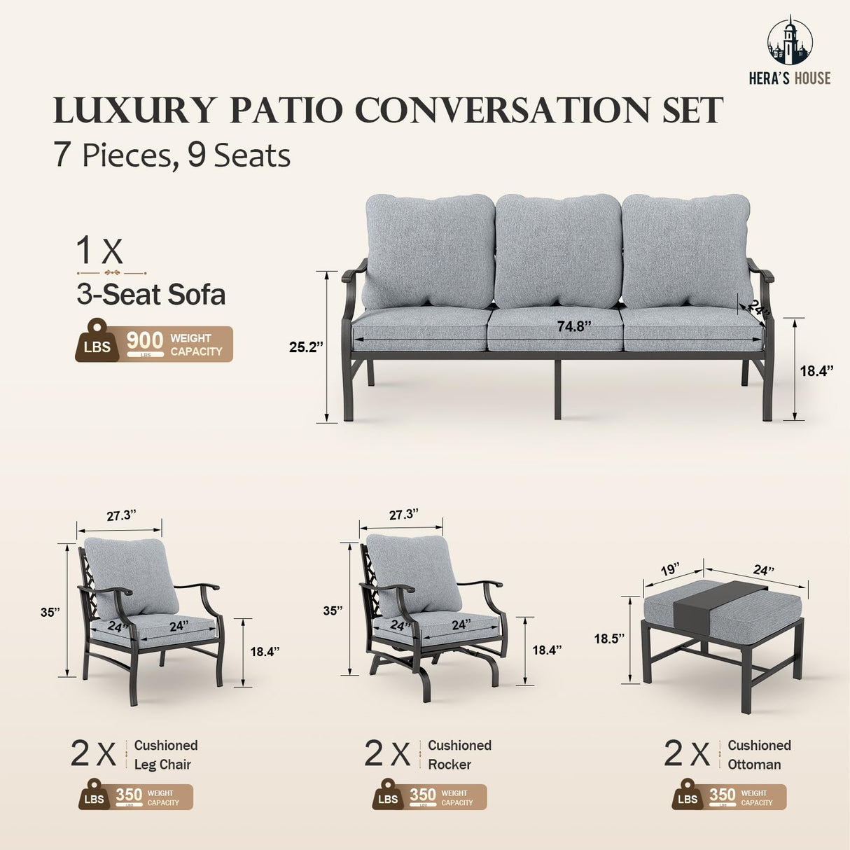 7 Piece Patio Furniture Set, 2 x Rocking Chair, 2 x Fixed Chair, 2 x Ottoman, 1 x 3-Seat Sofa