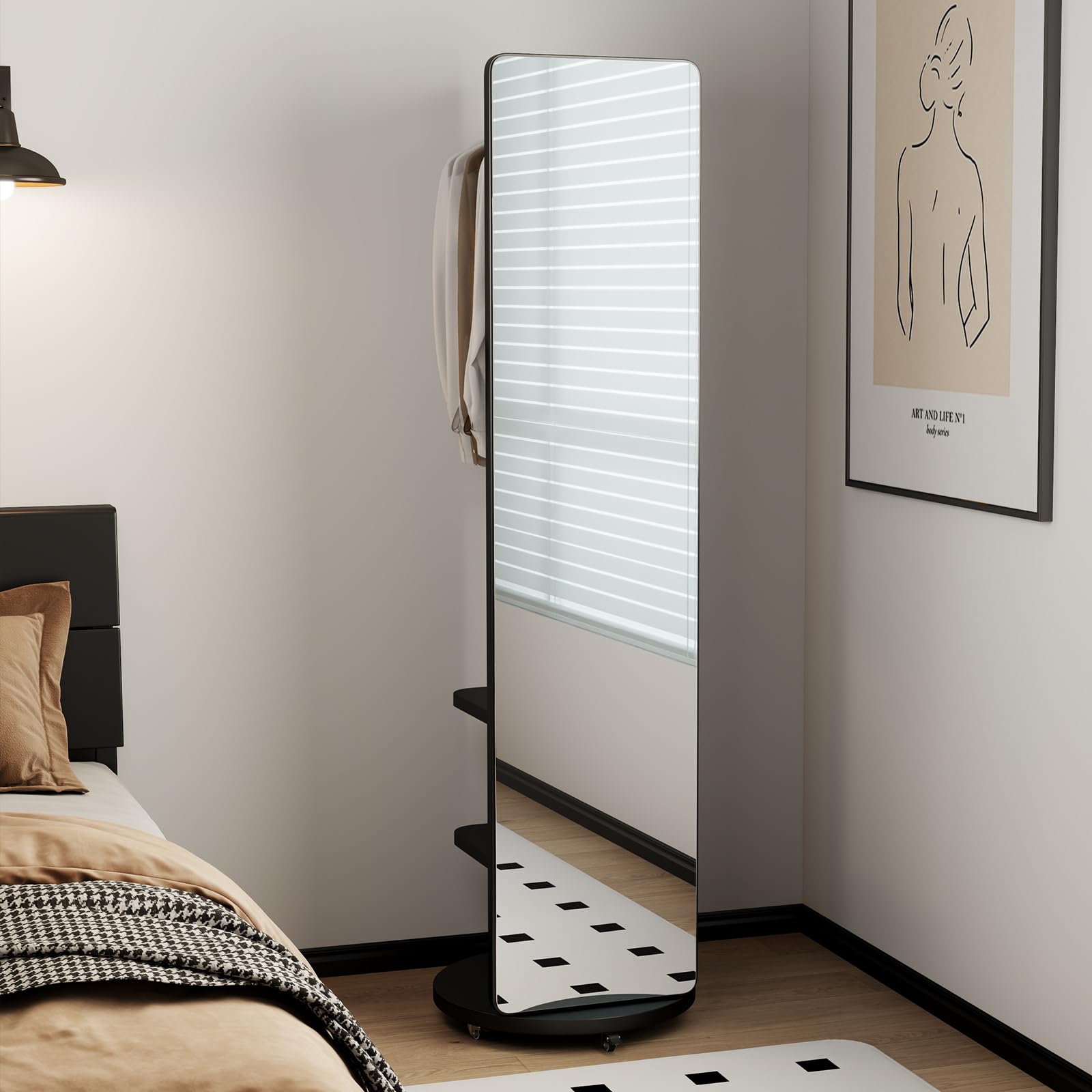 Wood Oversized Floor Mirror with Coat Rack, Full Body Mirror