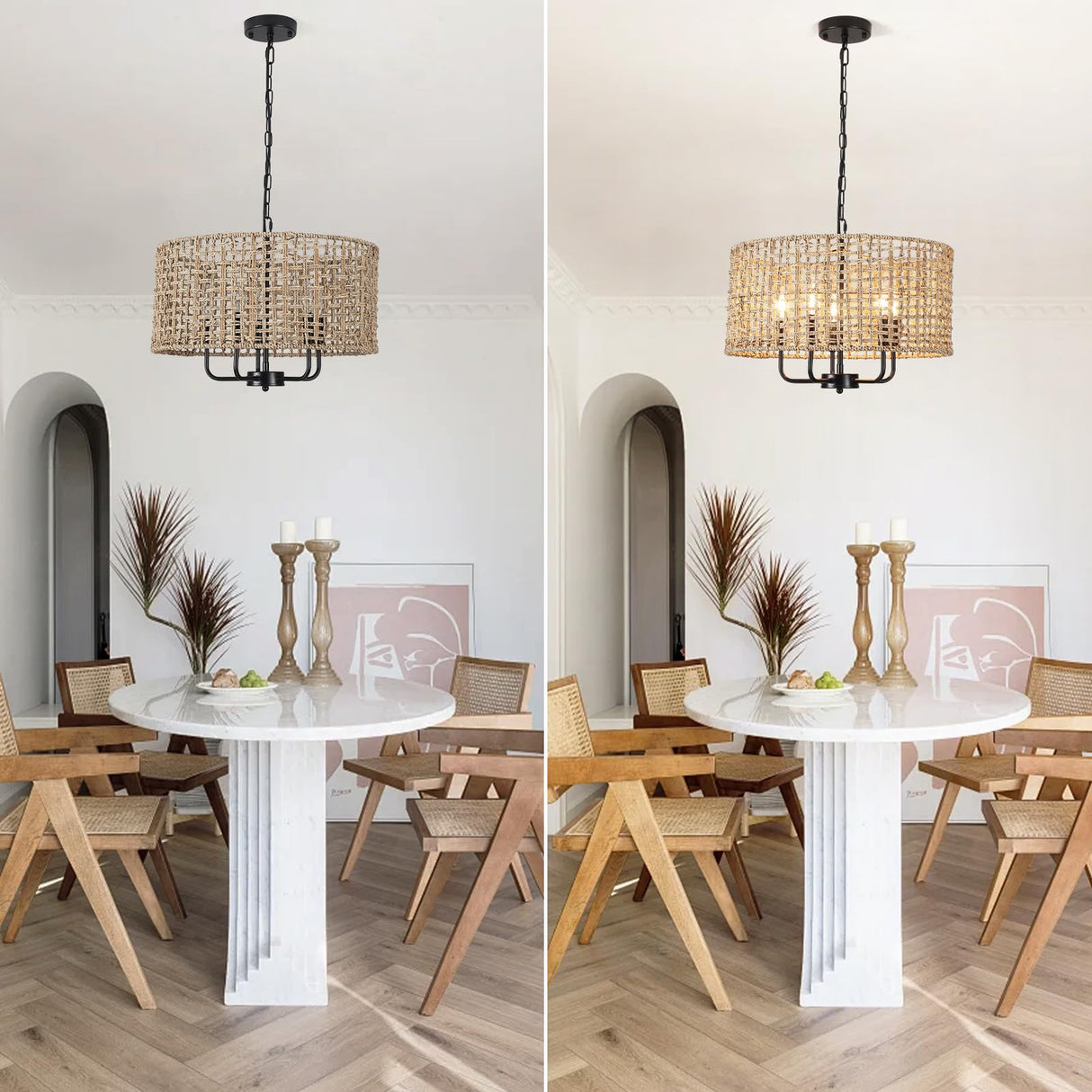 Rattan Chandelier for Dining Room 5-Light Boho Chandeliers Light Fixture Brown and Black