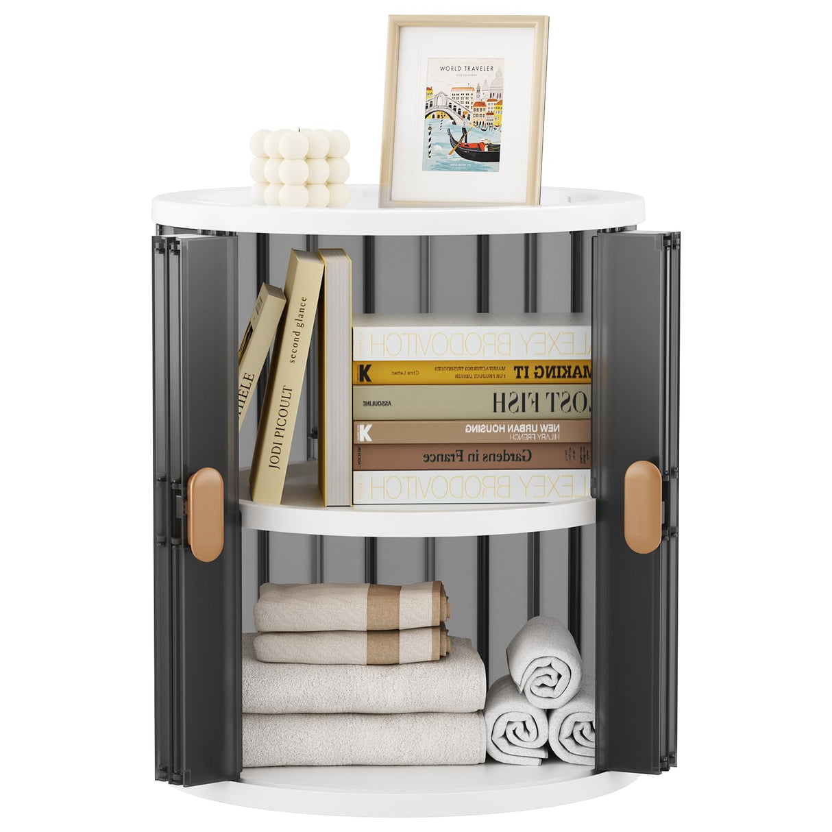 Round Nightstand, Modern End Table with Accordion Door, Semi-Transparent Coffee Table for Bedroom, Living Room, and Home Office (Gray)