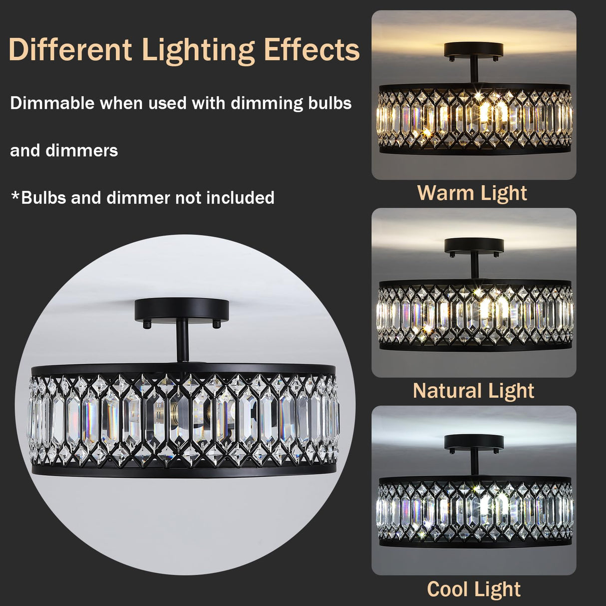 16" Black Crystal Ceiling Light - 3-Light Semi Flush Mount Chandelier