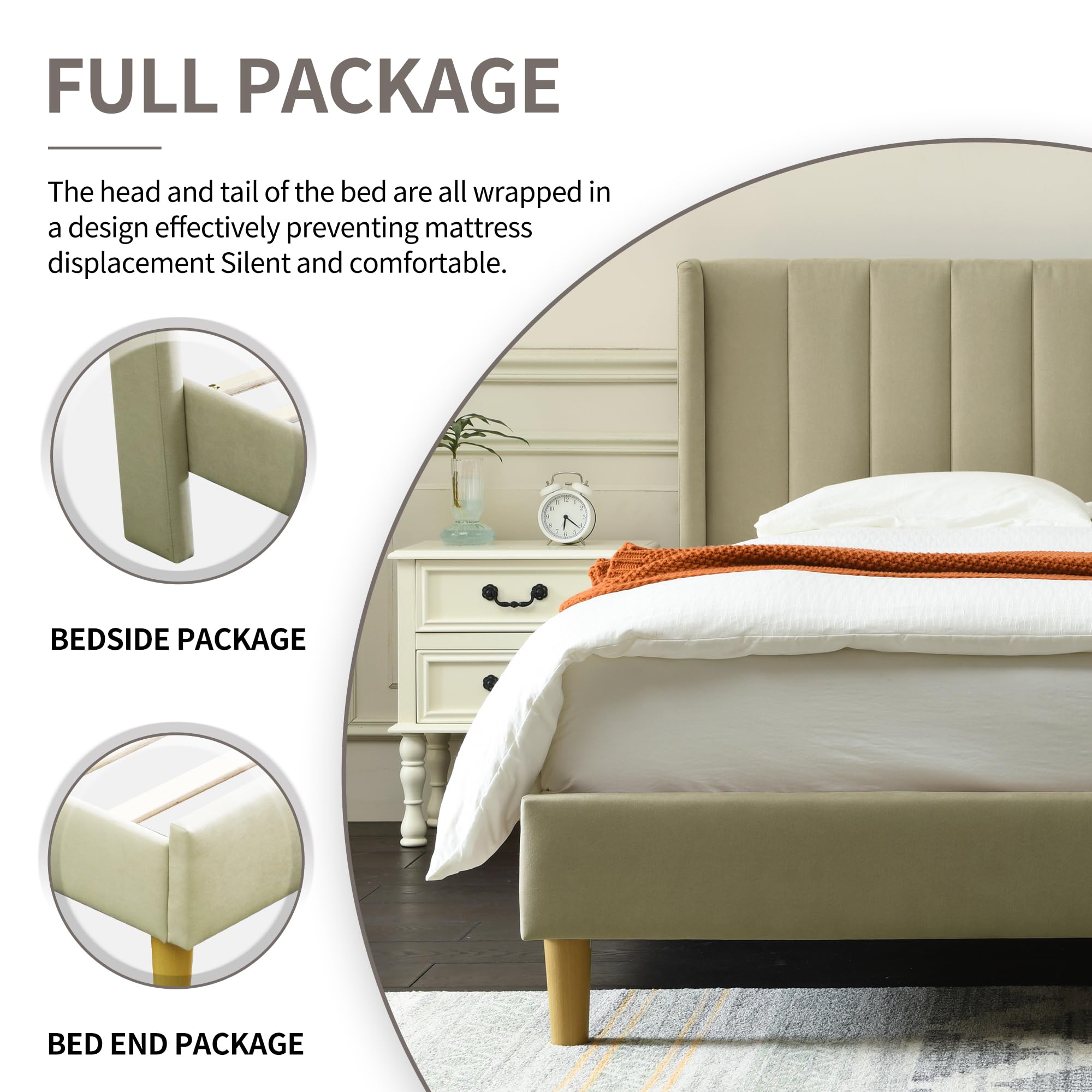 Modern Upholstered Bed Frame with Double Wingback Headboard