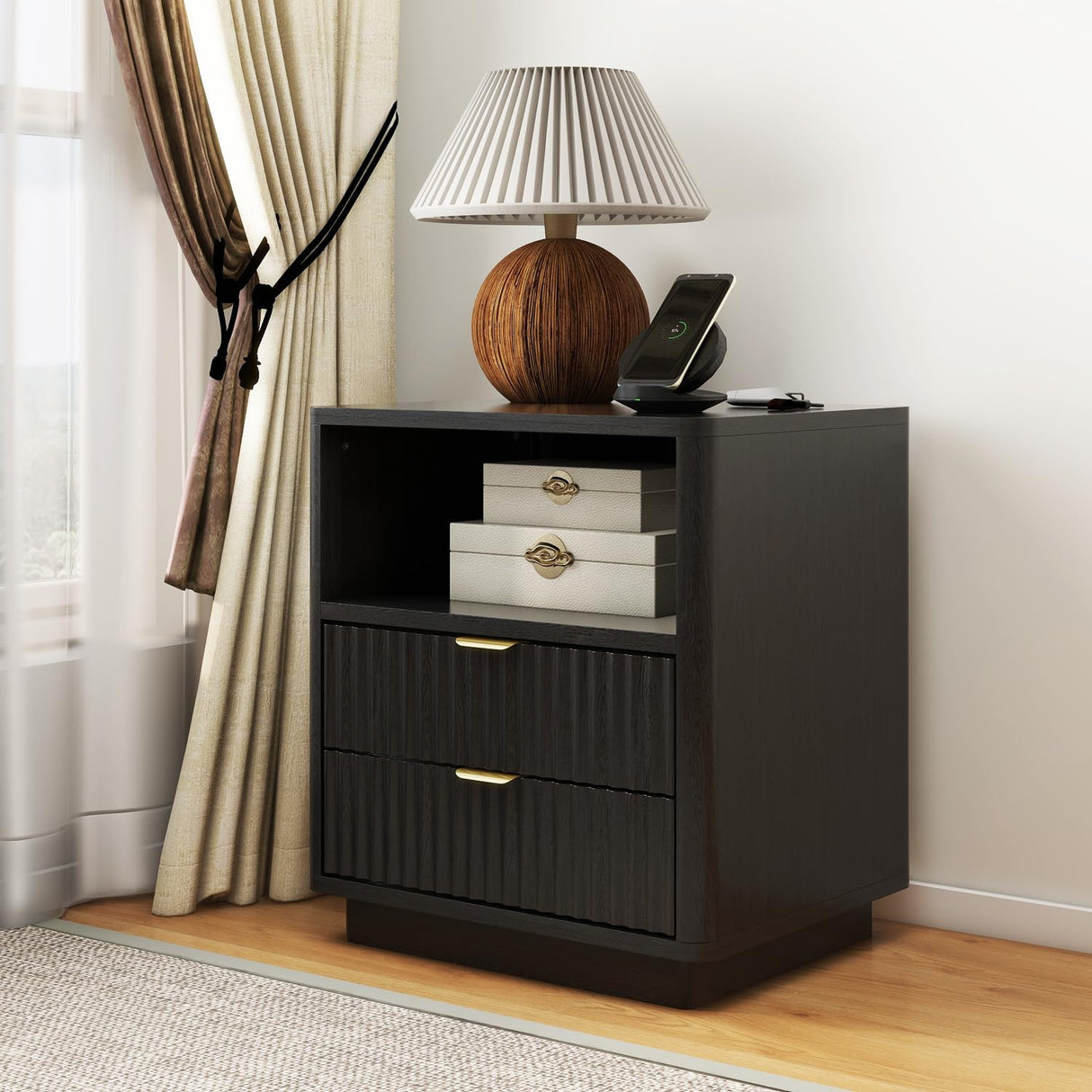 Set of 2, Black Night Stands with 2 Drawers