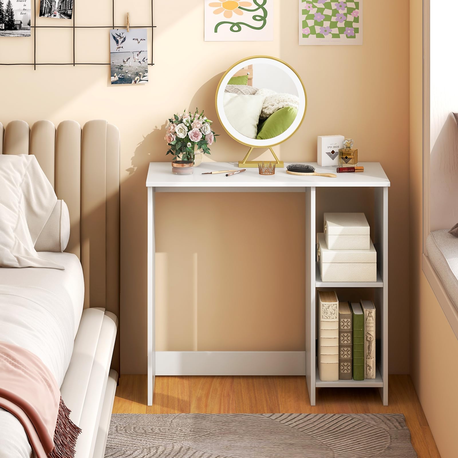 Small White Desk with Shelves, Compact Small Desk for Small Space, Study Writing Desk with 2 Tier Shelves, Modern Simple Style Laptop Desk, PC Desk, Kid’s Desk, White