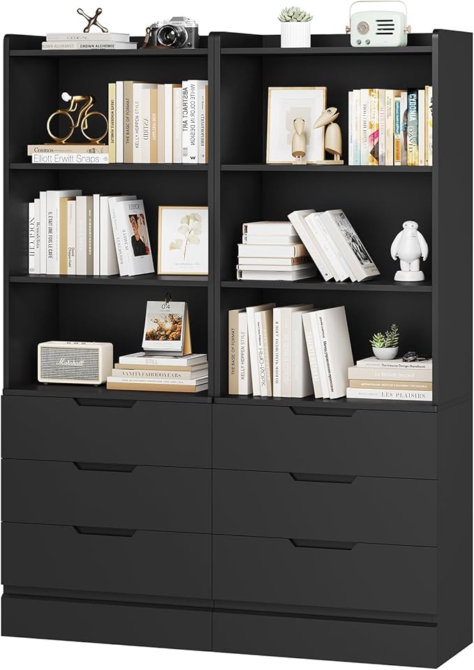 73.23'' Tall Storage Cabinet Bookcase with 3 Drawers and 3-Tier Open Shelves Wooden Bookshelf Kitchen Pantry