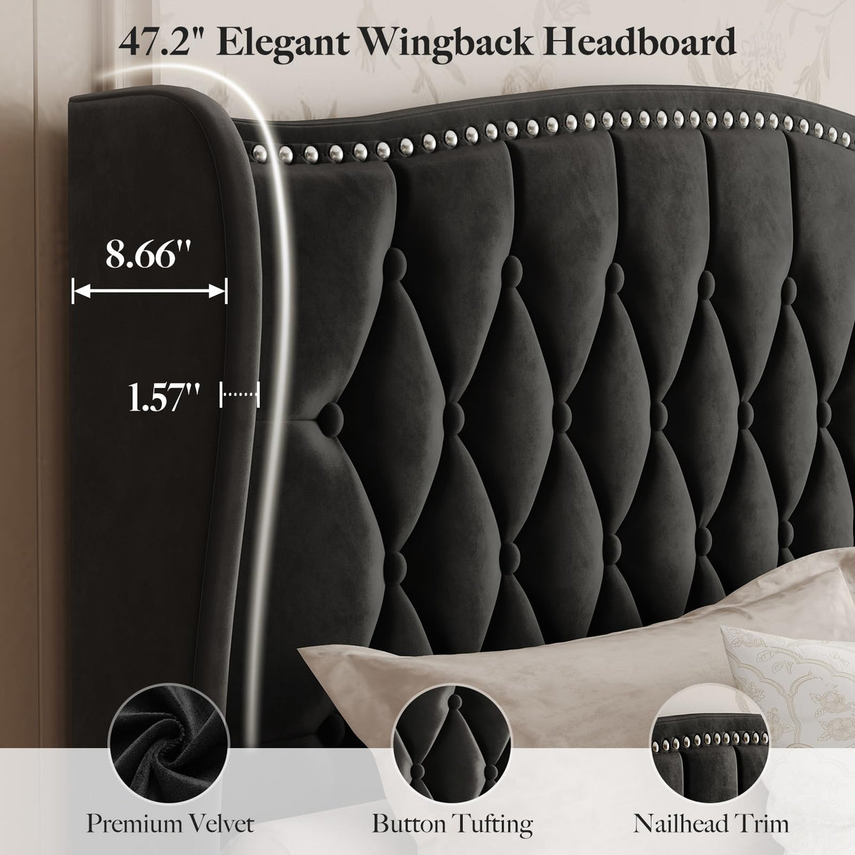 Queen Bed Frame with Upholstered Velvet Headboard - Black