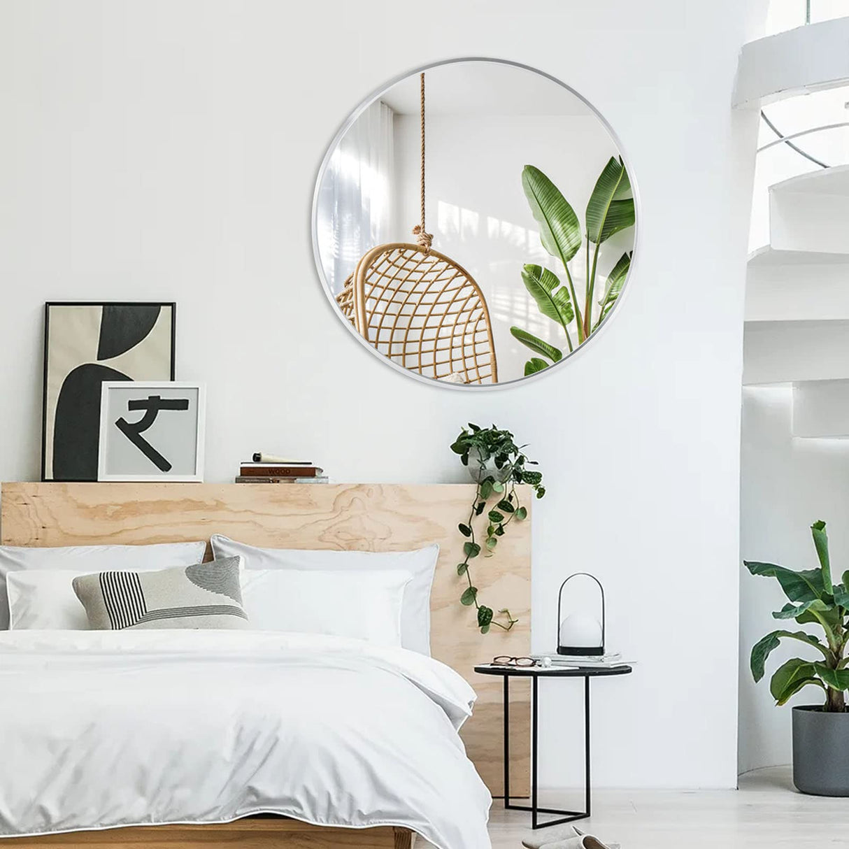 30 Inch Circle Mirror, Silver Large Round Wall Mirror with Metal Brush Framed for