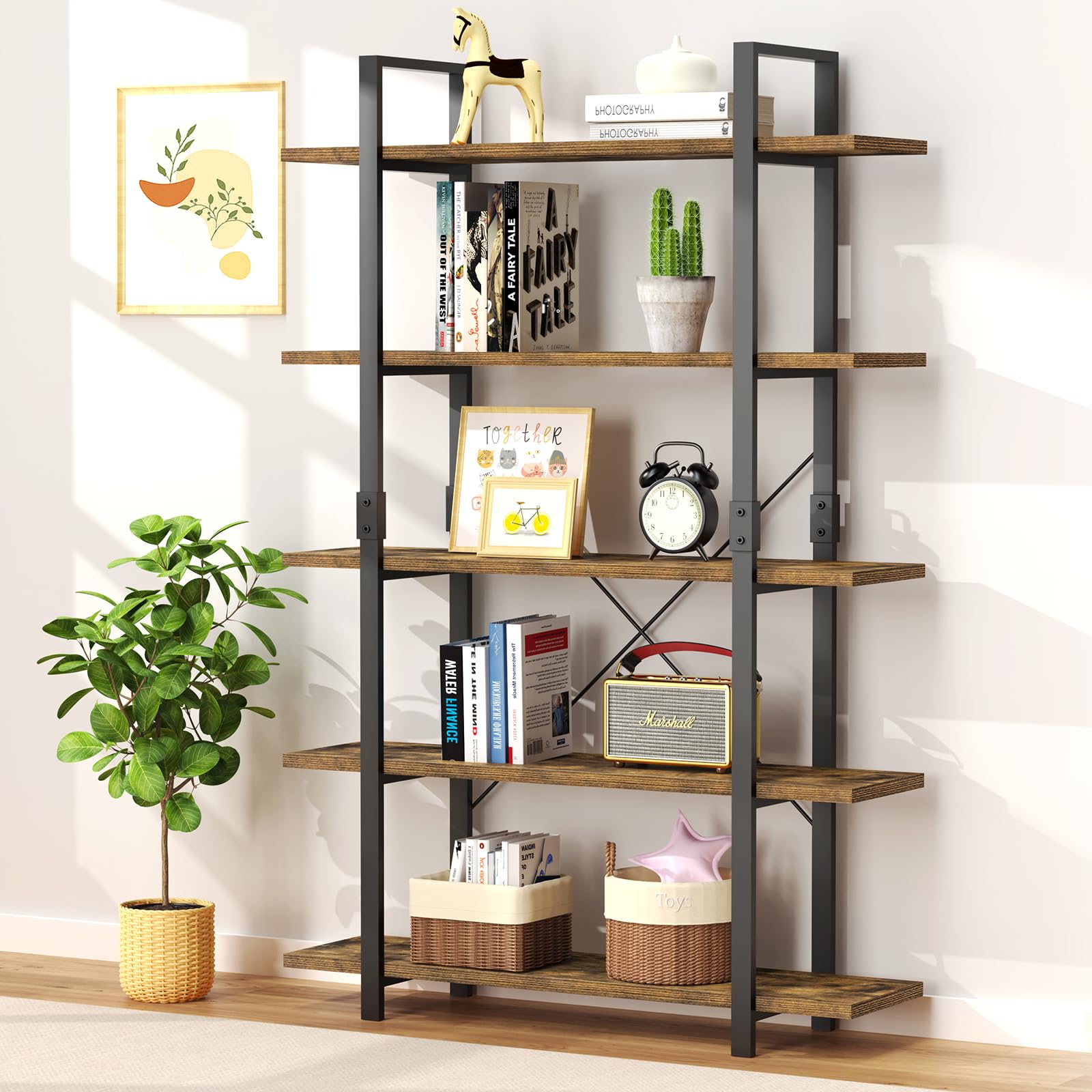5 Tier Bookshelf, 70 inch Tall Solid Bookcase Industrial Wooden Bookshelves