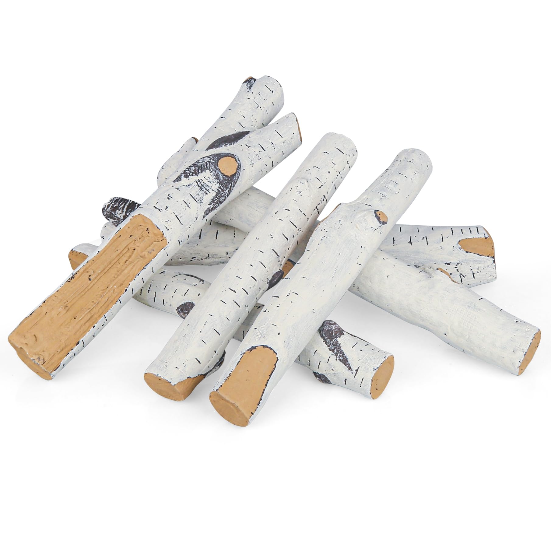6-Piece Ceramic Birch Gas Fireplace Logs For Indoor Fireplace,Realistic Fake Wood