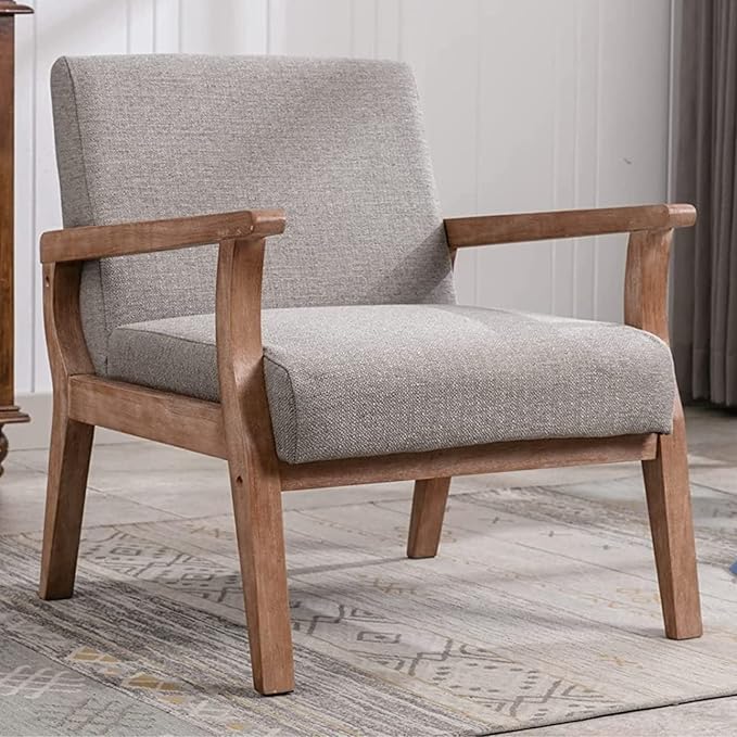 Beige Accent Chair Mid Century Modern Armchair Wood Sitting Chair Linen Fabric