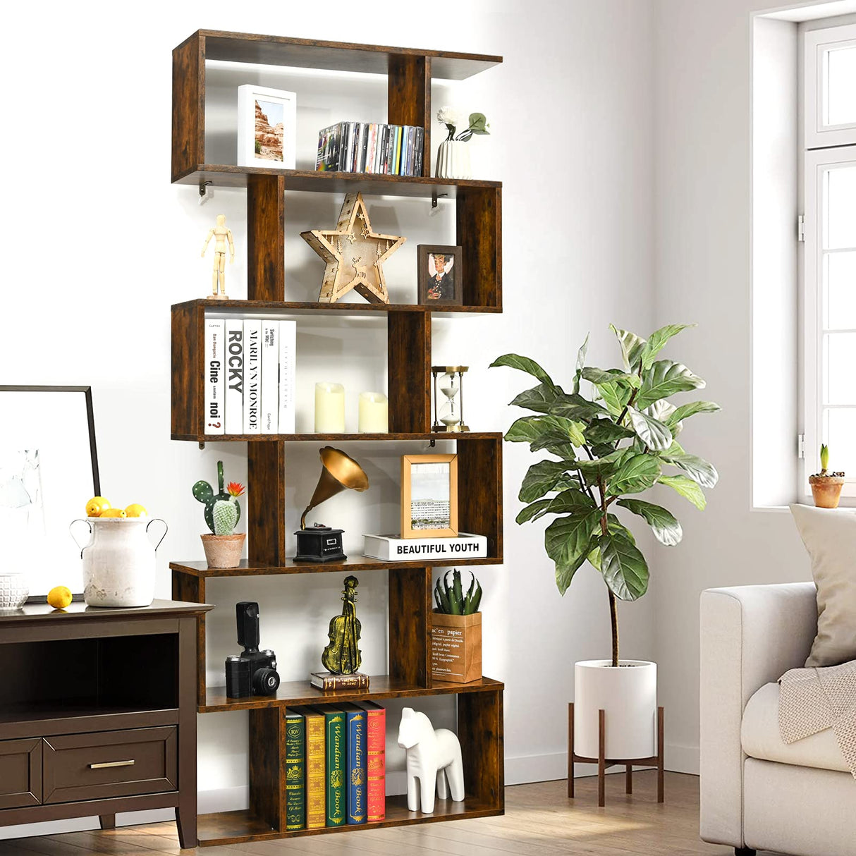 6 Tier S Shaped Bookshelf, 31.5''L x 9''W x 75''H, Wooden Bookcase and Bookshelves w/Anti-Toppling Device, Room Divider Display Shelves for Living Room, Home Decor, 6 Shelf Bookshelf