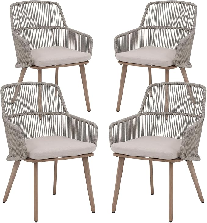 Patio Dining Chairs Set of 4, Woven Rope Outdoor Dining Chairs w/Steel Frame