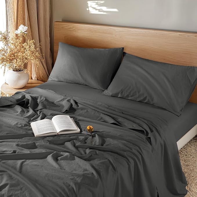 Linen Sheet French Flax Sheet Cotton Linen Blend Sheets Deep Pocket 16 Inch, 4 Pcs Bedding Sheet King Sheet Set,