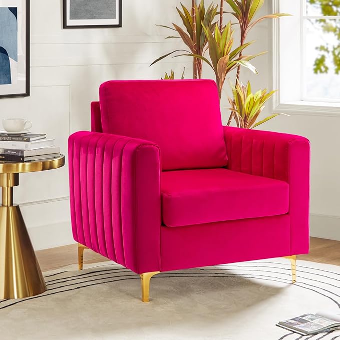 Velvet Accent Club Chair, Modern Velvet Armchair Upholstered Accent Club Chair Sofa Chair with Gold Metal Legs Mid-Century Barrel Leisure Chair Comfy Reading Chair, Fuchsia