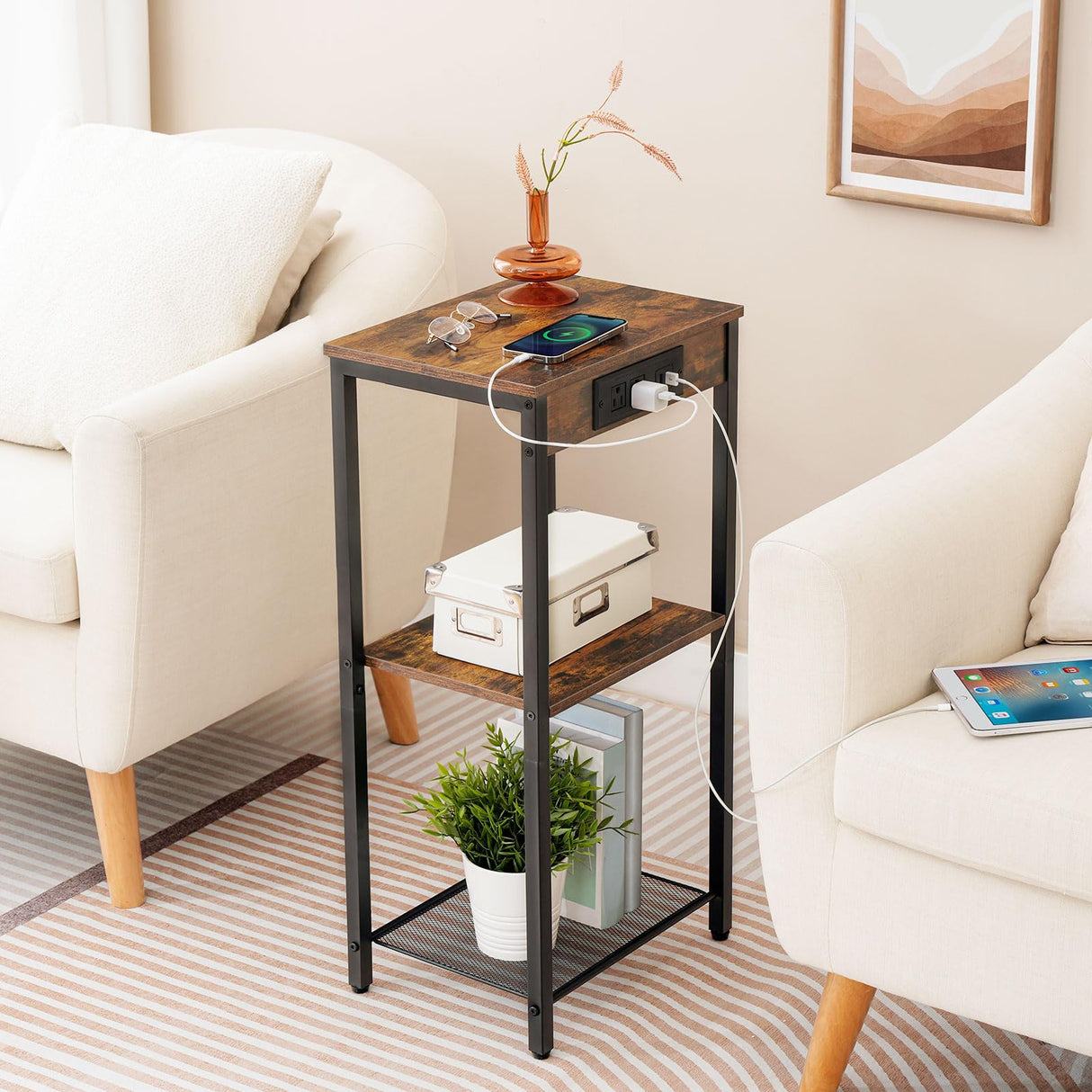 Tall End Table with Charging Station