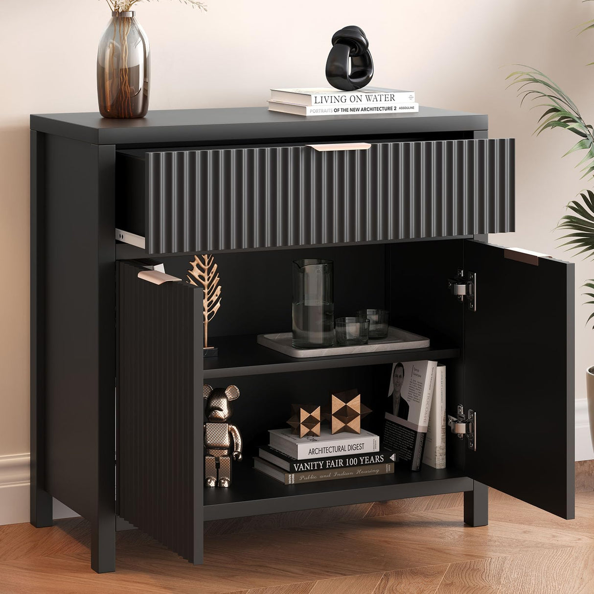 Modern Fluted Black Storage Cabinet with Adjustable Shelf