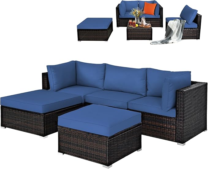 5-Piece Outdoor Patio Rattan Sectional Sofa Set with Ottoman and Table - Turquoise