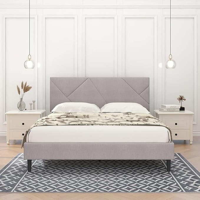 Queen Size Platform Bed Frame, Sqaure Upholstered Bed Frame with Headboard
