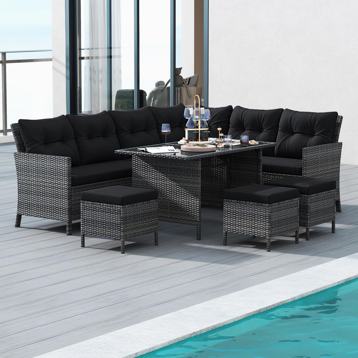 7 Pieces Patio Dining Furniture Set, Outdoor PE Rattan Sectional Sofa Set