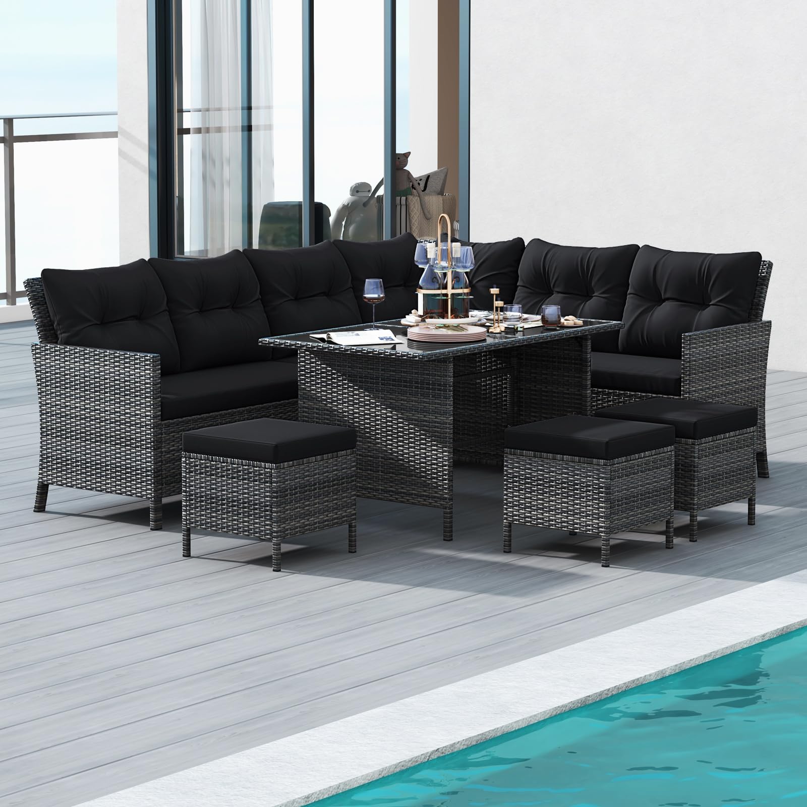 7 Pieces Patio Dining Furniture Set, Outdoor PE Rattan Sectional Sofa Set