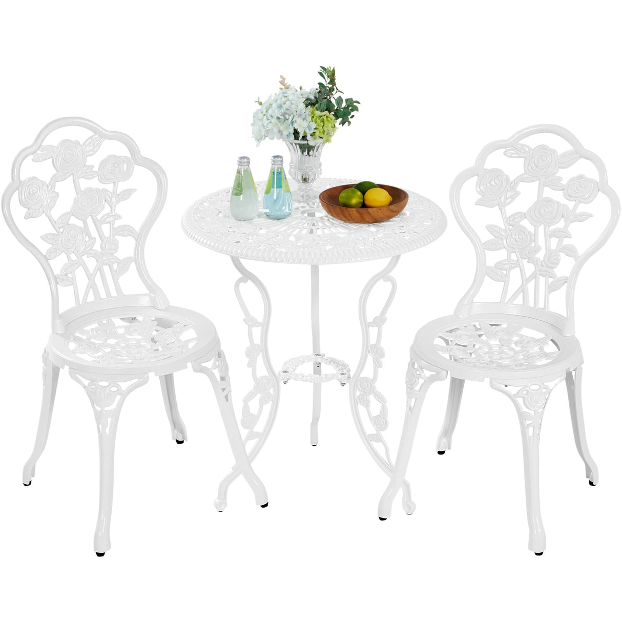 3-Piece Outdoor Bistro Set w/Rose Design, Rust-Resistant Cast Aluminum Table and Chairs