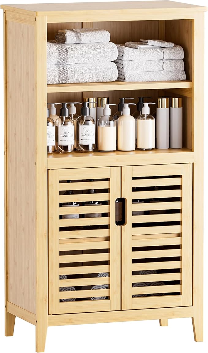 Walnut Bathroom Floor Cabinet, Bamboo Side Tall Storage Organizer
