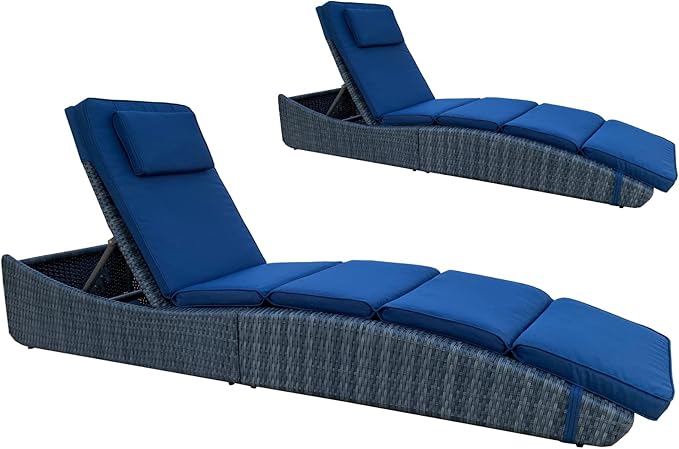Set of 2, Foldable Outdoor Chaise Pool Lounge Chairs Folding Wicker Rattan Sun Bed Patio Couch