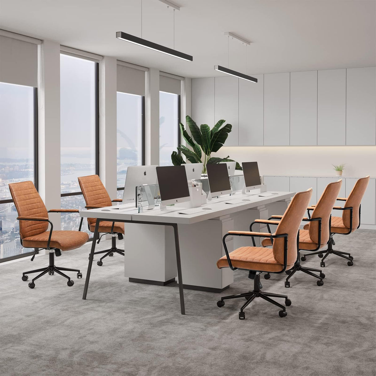 Brown Leather Executive Office Chair - Adjustable Mid-Back Swivel Desk Chair