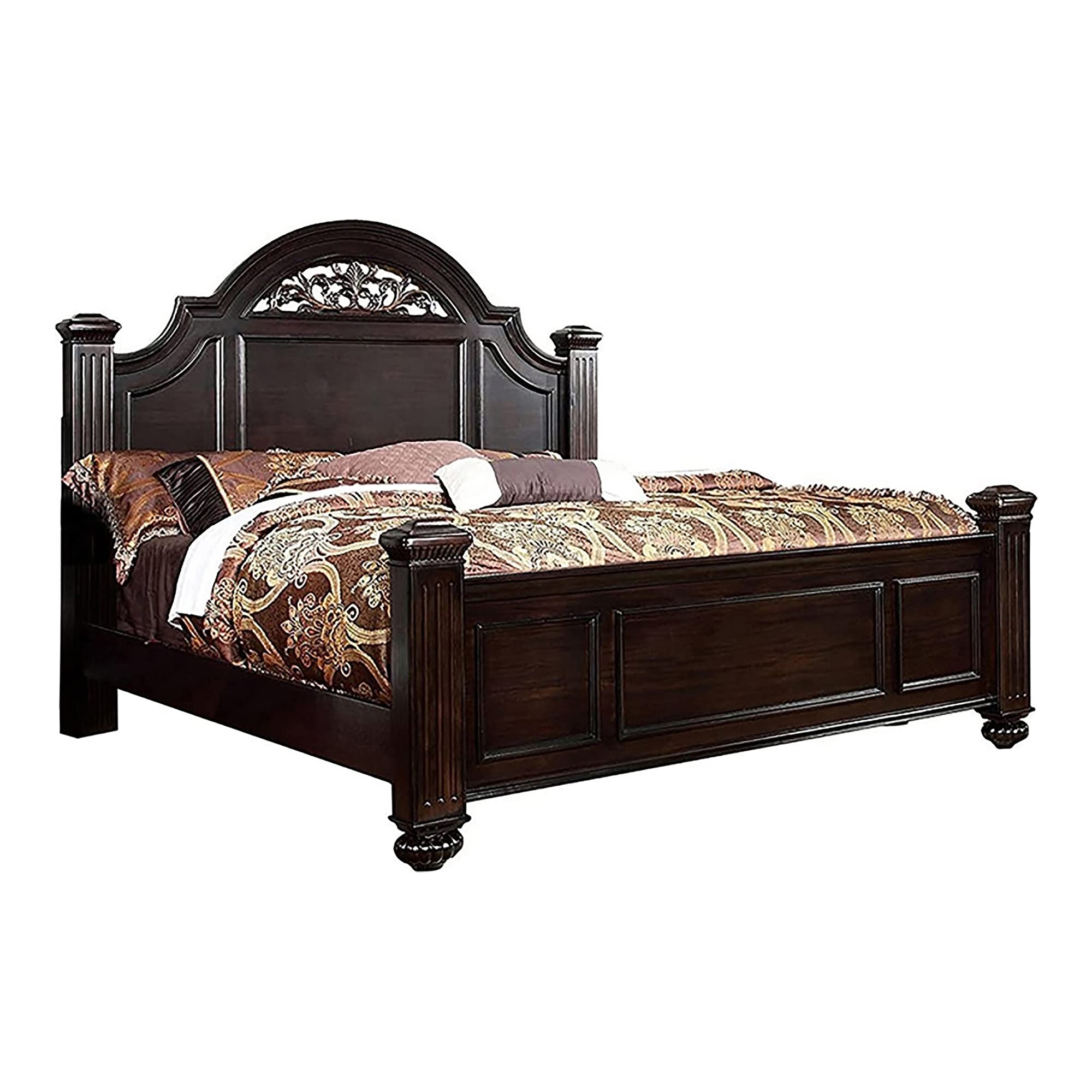 Malierd Fluted Poster King-Size Bedroom, Guest Room Bed, Dark Walnut Brown