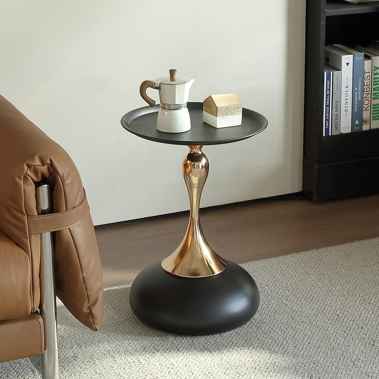 Small End Table Round Side Table, Black Modern Metal Pedestal Table