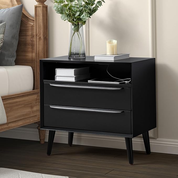 Nightstand with Charging Station, Mid-Century Modern 2 Drawer and Open Shelf Dresser