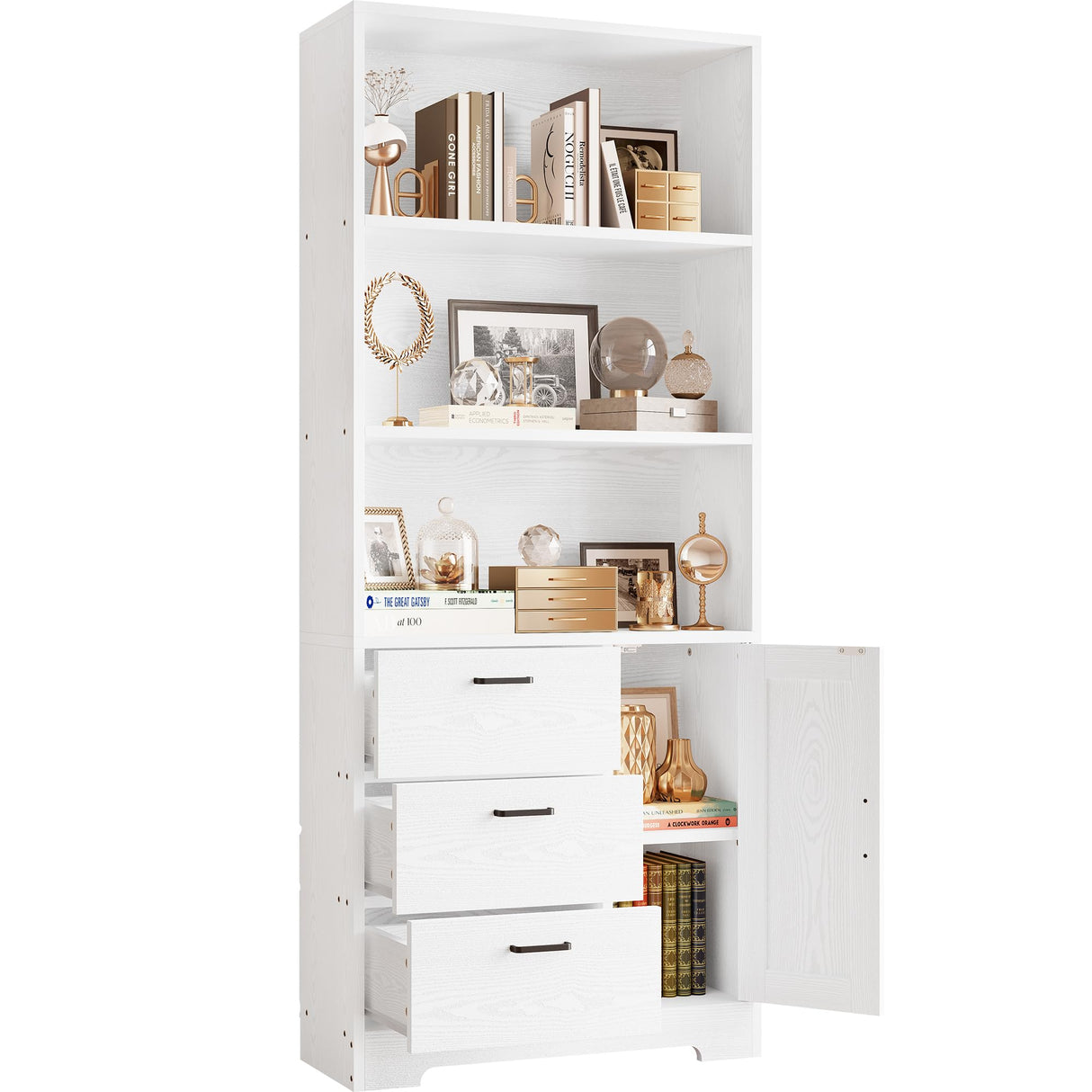 Bookshelf with Door and 3 Drawers, 71in Tall Bookcase Shelf with 3-Tier Shelves