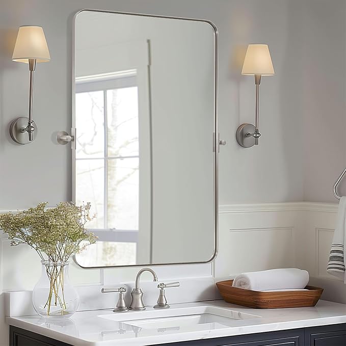 Black Bathroom Mirrors , Metal Framed Rounded Rectangle Wall Vanity Mirror
