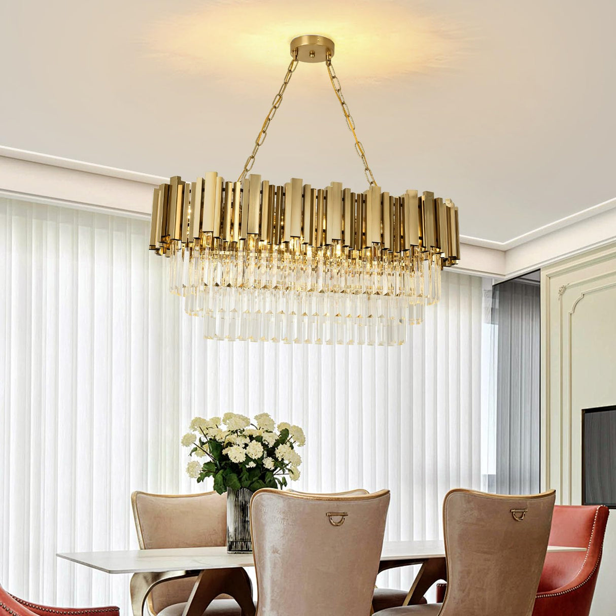 Crystal Chandelier Gold Pendant Light Fixtures, Oval Crystal Pendant Lighting for Living