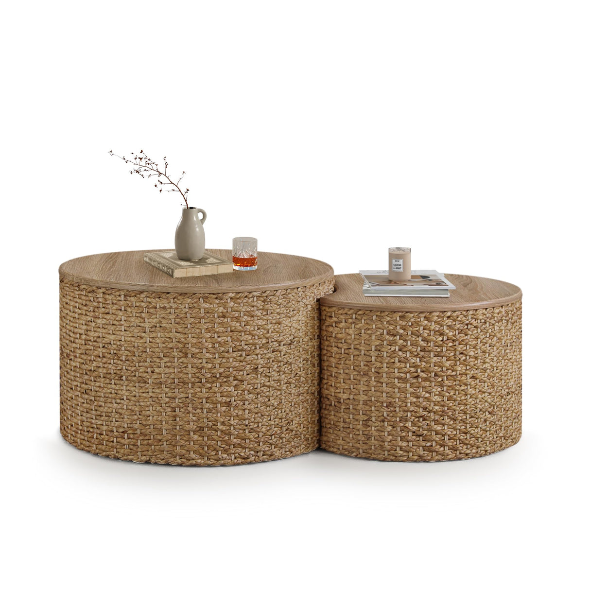 Nesting Coffee Table Set of 2, Coastal Coffee Table with Storage, Woven Coffee Table