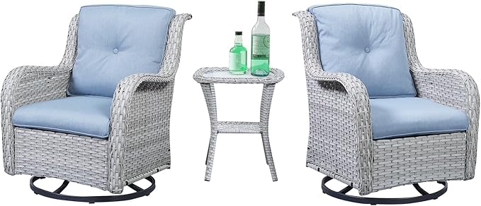 3 PCS Patio Furniture Set - Mixed Grey Wicker Swivel Rocking Chair Set with Side Table