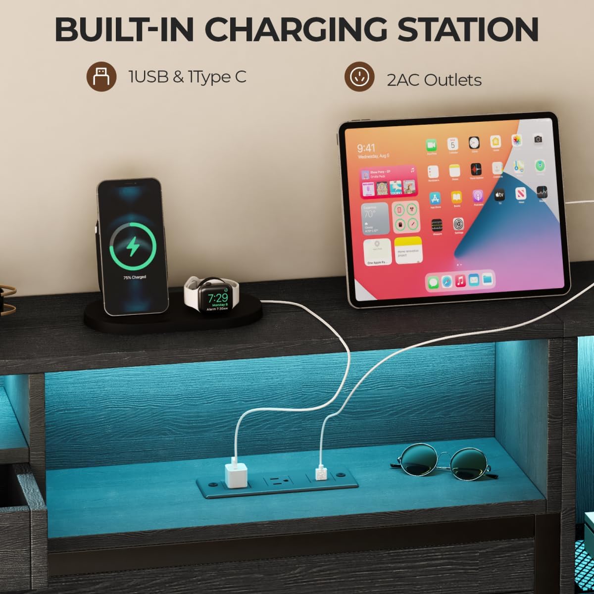 Queen Bed Frame with Bookcase Headboard and Charging Station