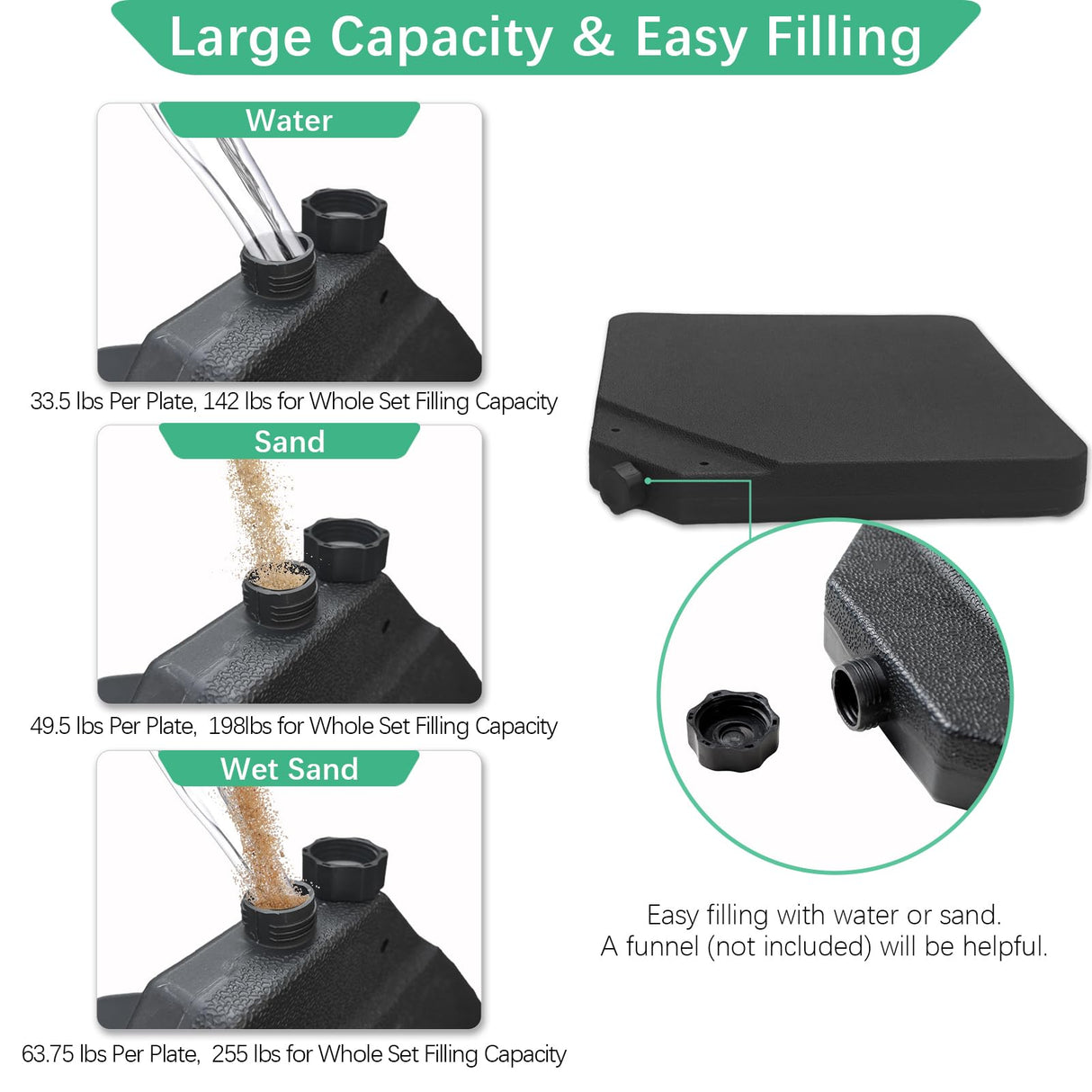 Helios&Hestia 4 Pcs Heavy Duty Water and Sand Fillable Patio Umbrella Base Stand, 255 lb Square Plastic Weight Set for Outdoor Cantilever Offset Umbrella, Black