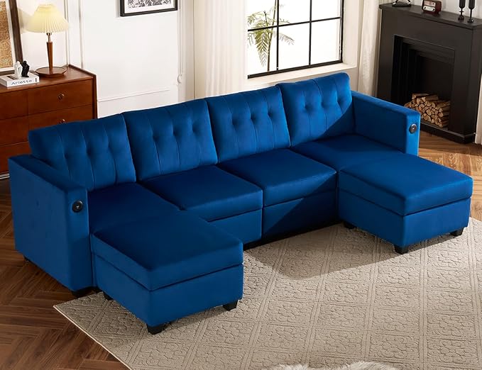 Sectional Sofa with Storage & USB Ports, 108" Velvet Couches for Living Room