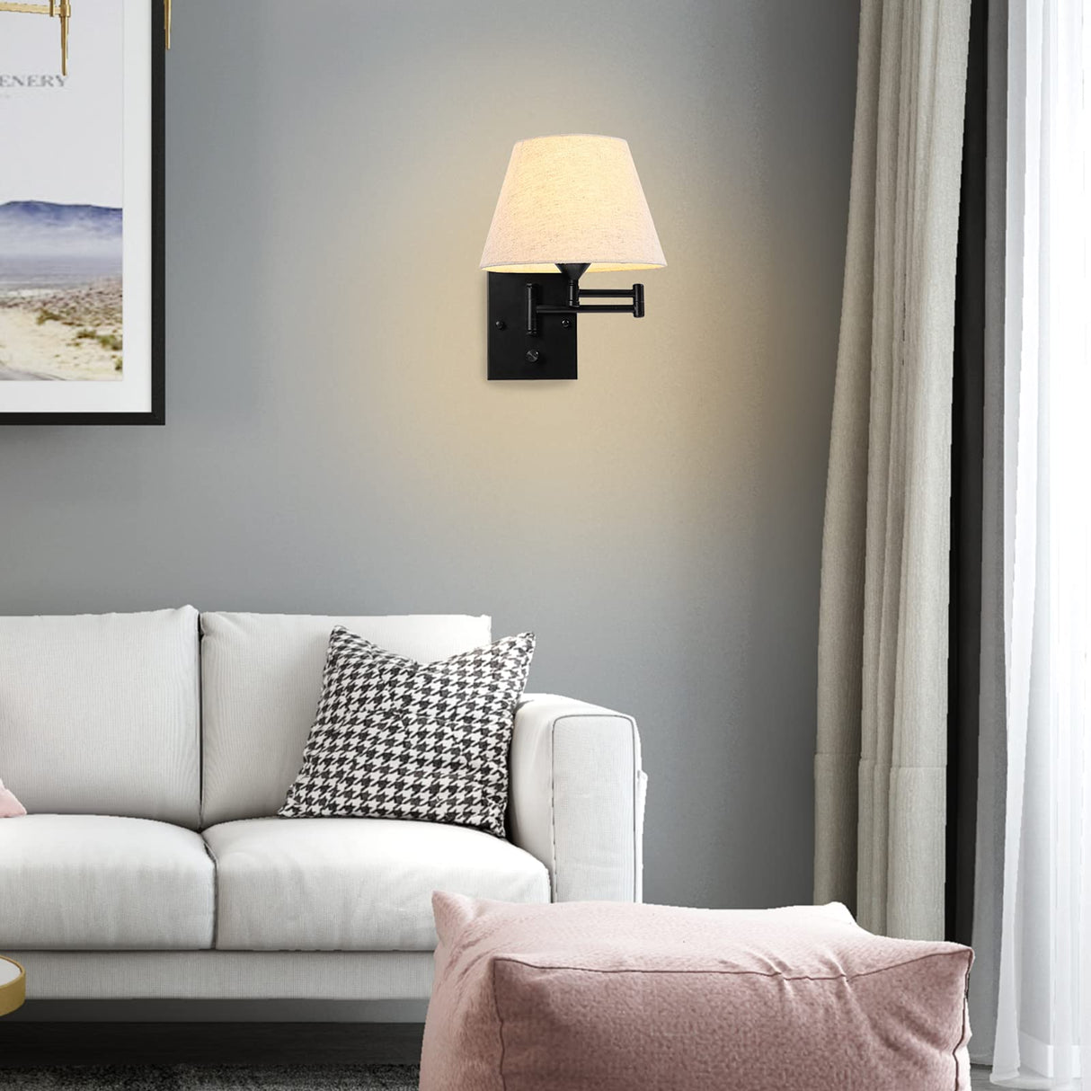 Plug in Wall Sconce Set of 2 Swing Arm Wall Lamp with Plug in Cord and Fabric Shade Wall Light