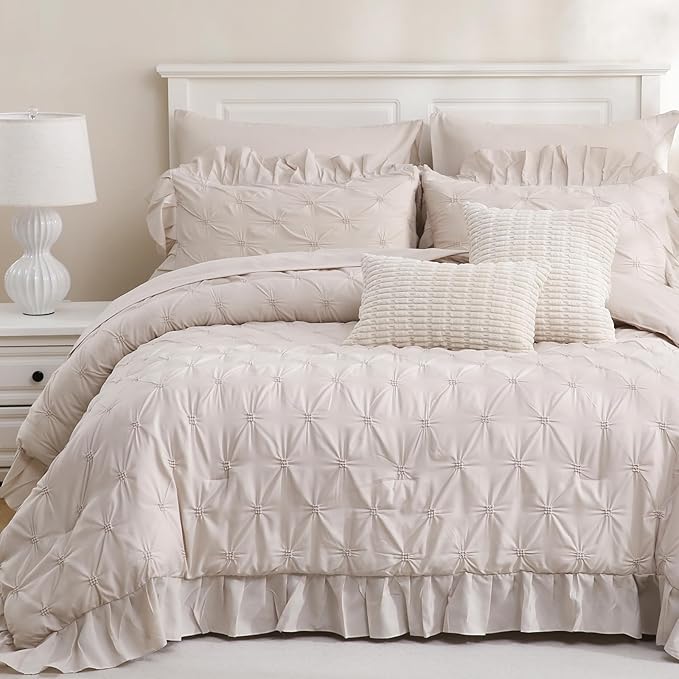 Pinch Pleated Comforter Bed in A Bag Queen 10 Pieces White Ruffled Comforter Set Pintuck Bedding Set